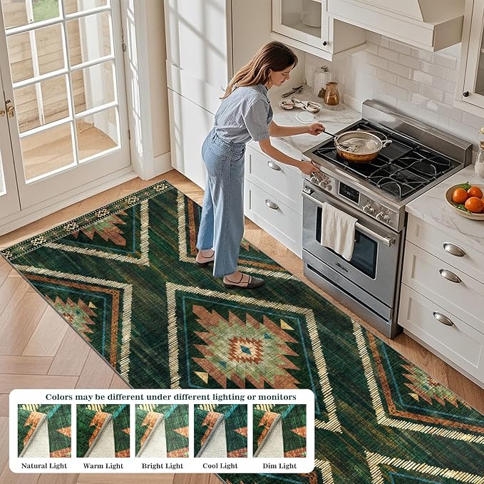 Boho 4x10Ft Area Rugs Runners for Hallway Non Slip, Green Geometric Washable Kitchen Rug Runner Non Shedding, Soft Moroccan Entryway Floor Carpets for Entrance Doorway Office Decor