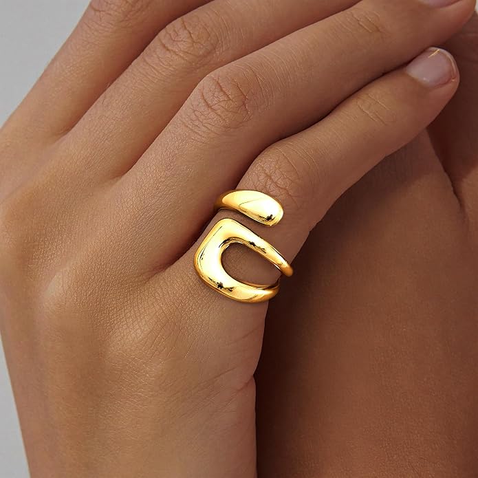 Gelbesty Waterproof Gold Statement Rings for Women, 14K Gold Plated Chunky Open Stackable Rings Non Tarnish Fashion Adjustable Stainless Steel Pinky Knuckle Signet Vintage Ring Jewelry Size 5-11