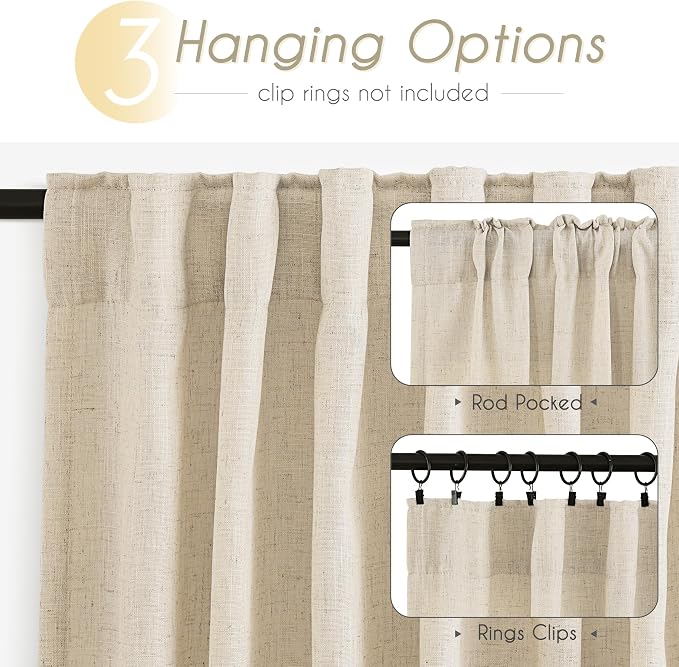 Faux Linen Beige Curtains 120 Inches Long for Living Room Rustic Farmhouse Semi Sheer Burlap Textured Canvas Cloth Curtain Panels Set of 2 Khaki Tan Colored