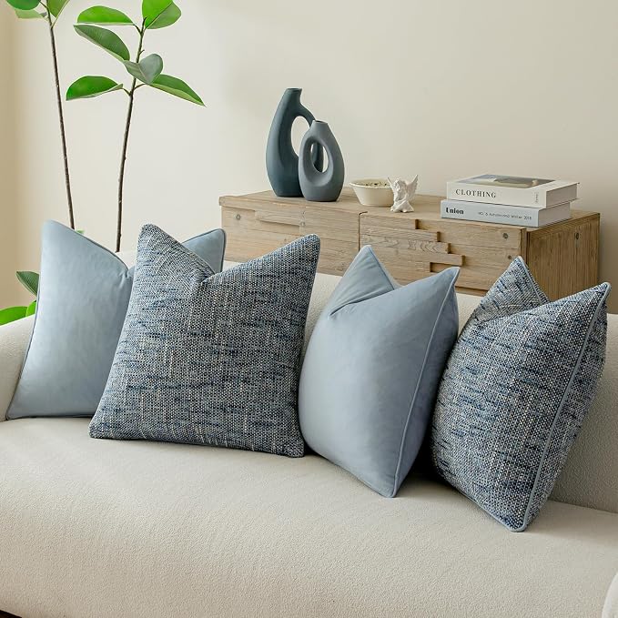 a moment Light Blue 4 Pack Throw Pillow Covers - Chenille & Velvet Set with Piping, Farmhouse Textured Design Pillow Cases for Couch Sofa Bed Livingroom (16x16 Inch, No Insert)