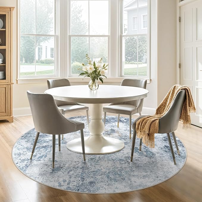 DMOYEST 6ft Round Area Rug for Living Room - 6x6 Washable & Non Slip Circle Rug, Kid & Pet Friendly Soft Low Pile Abstract Carpet for Bedroom and Dining Room - Blue