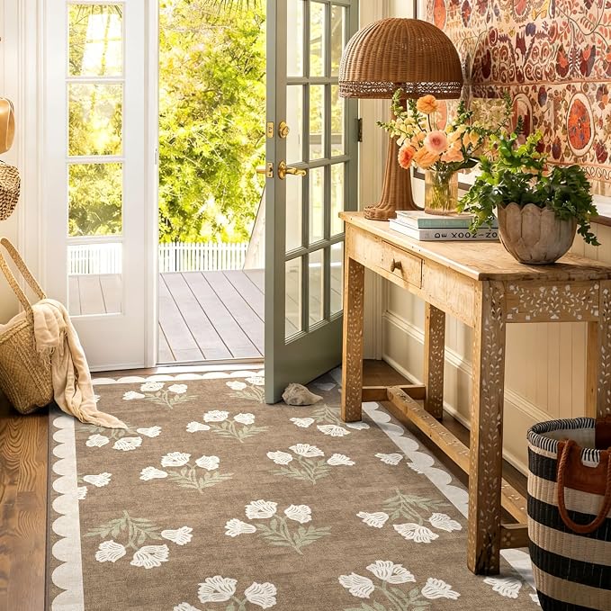4x6 Floral Bedroom Rug - Tan Brown Washable Boho Entryway Rug Non Slip Vintage Neutral Farmhouse Scalloped Area Rugs for Living Room Bedroom Kitchen Nursery Home Office Mudroom Room Decor