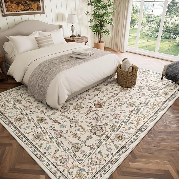 Boho Washable 8x10 Area Rugs for Living Room, Cushioned, Beige | Vintage Non-slip Neutral Oriental Rugs for Bedroom Dining Room Nursery Office High Traffic Area
