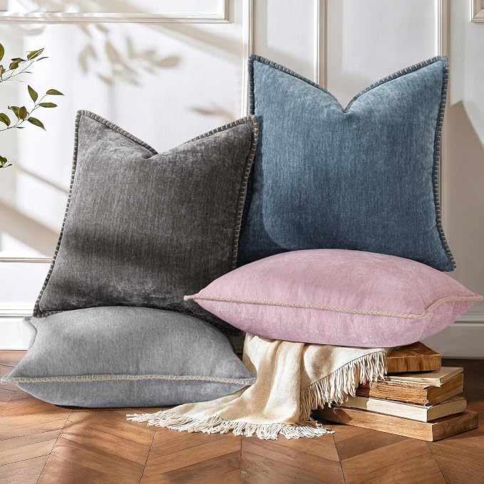 decorUhome Soft Chenille Throw Pillow Covers 26x26 Set of 2 Dark Grey | Fall Textured Decorative Throw Pillow Cases Stitched Edge Modern Farmhouse Luxury Boho Velvet for Couch Sofa Bed Home Decor
