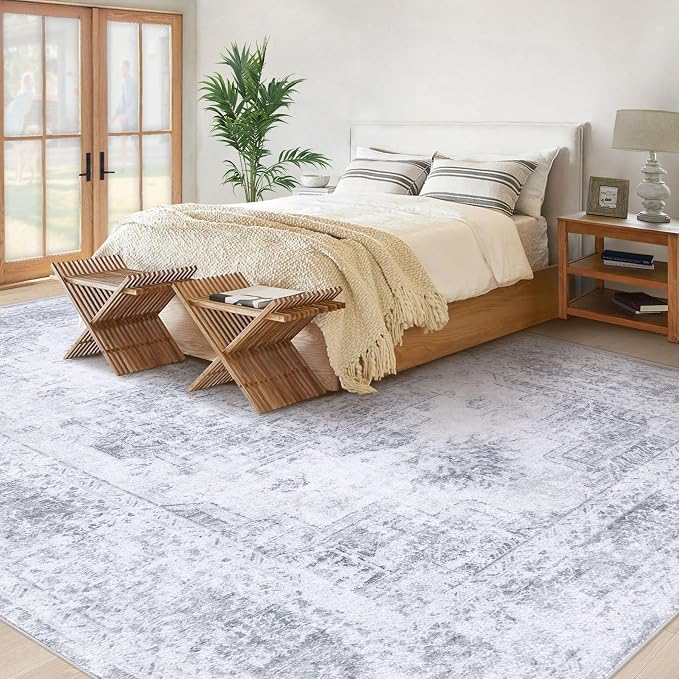 XLUEZ Area Rug 10x12 Living Room Rugs, Machine Washable Vintage Distressed Medallion Rug Non-Slip Soft Low Pile Large Indoor Rugs for Bedroom Kitchen Dining Room Office(Light Grey,10'x12')