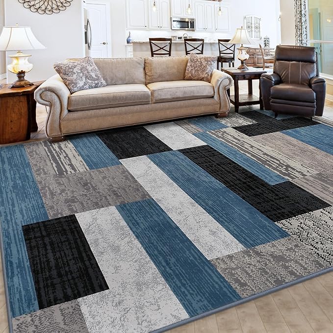 FlyDOIT Modern Geometric Patchwork Area Rug, 6x9 Blue Large Rugs for Living Room, Rockwood Collection Indoor Rugs for Bedroom, Throw Carpet Floor Decor for Entryway Dining Room Office Nursery