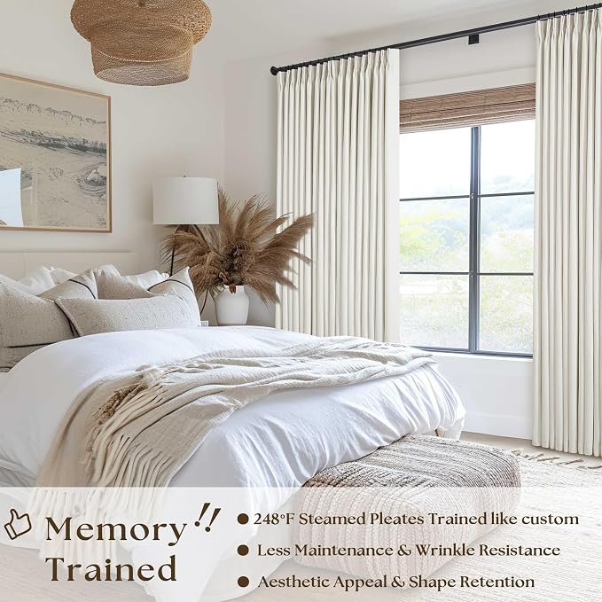 Natural Pinch Pleat 100% Blackout Linen 120 Inch Long Curtains 60 Inch Wide | 2 Layers Design, Thermal Insulated Black Out, Cream Ivory, Extra Wide Curtains for Sliding Door Living Room Bedroom 1 Panel