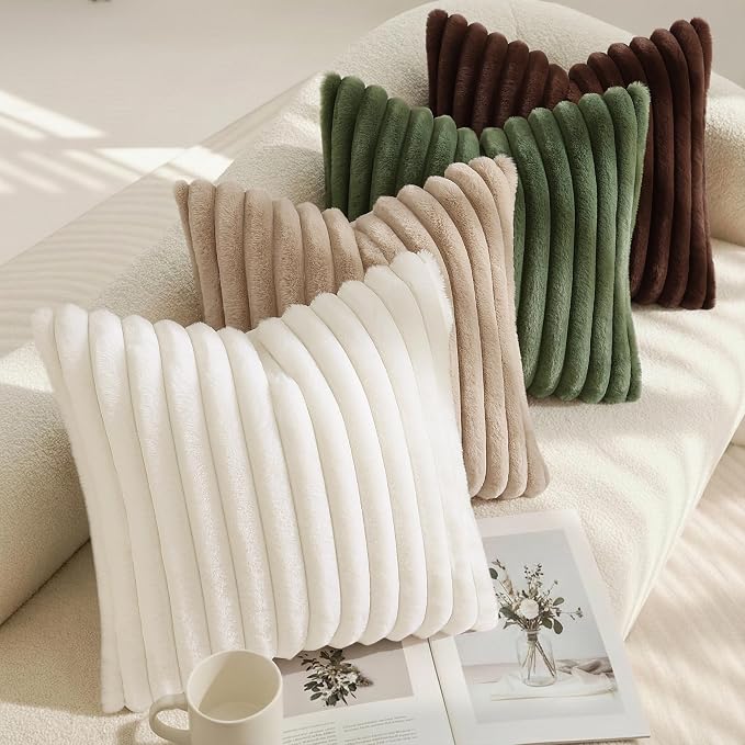 decorUhome Fall Faux Fur Throw Pillow Covers 18x18 Set of 2 Dark Brown | Decorative Soft Cozy Striped Plush Modern Farmhouse Boho Couch Pillow Cases Velvet Back for Sofa Bed Living Room Home Decor