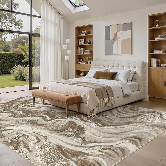DMOYEST 9x12 Area Rug for Living Room:Washable Modern Neutral Abstract Rug with Low Pile Non Slip Soft Thin Large Indoor Carpet for Bedroom Dining Room Home Office Decor-Sand Brown