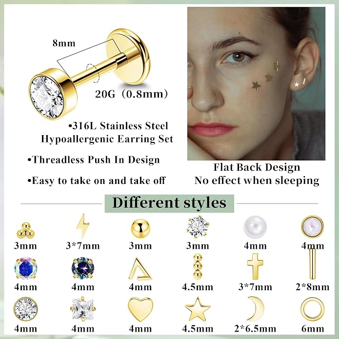 NICEIGHT 18Pairs 20G 316L Stainless Steel Threadless Push in Stud Earrings for Women Men Flat Back Cartilage Stud Earring Helix Tragus Stud CZ Heart Moon Star Ear Stud Piercing Jewelry