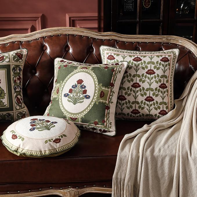 ISAENNE Designer Elegant Linen Throw Pillow Cover,Set of 4-Estonia ABCD | French Cottage Pillow Cover,Concealed Zipper,Floral Pattern,Sofas,Bedroom,Living Room,Lounge Chairs,All Season Home Decor
