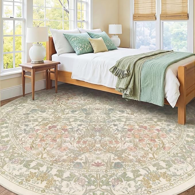 Lunasun Sage Green 6ft Round Rug for Living Room - Floral Circle Rug for Bedroom, Kids Room, Home Office, Washable Low Pile Non Slip, Pastel Green and Pink French Country Style Indoor Aesthetic Décor