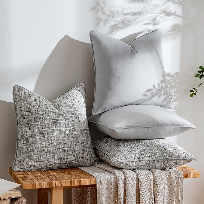 a moment Grey 4 Pack Throw Pillow Covers - Chenille & Velvet Set with Piping, Farmhouse Textured Design Pillow Cases for Couch Sofa Bed Livingroom (20x20 Inch, No Insert)