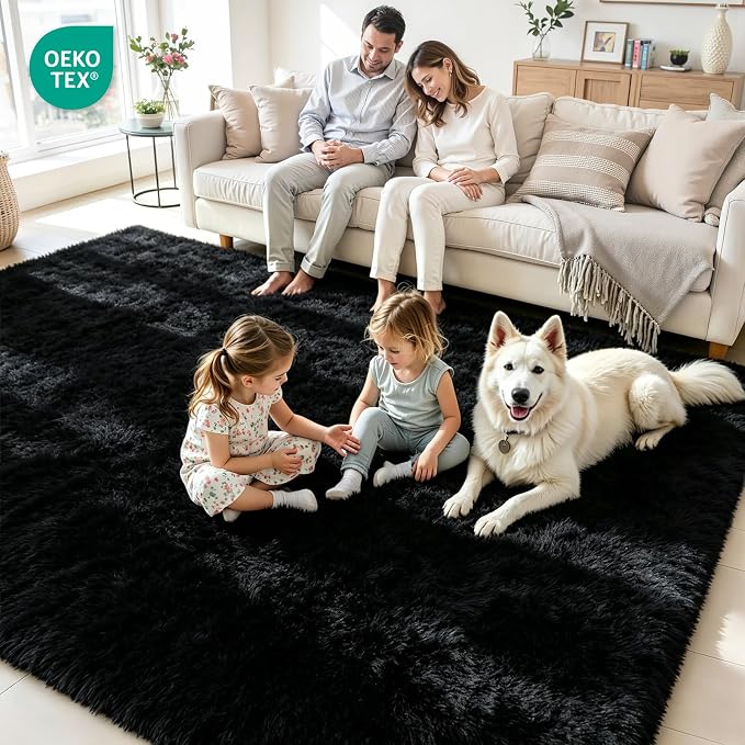 6x9 Area Rug for Living Room, Ultra Soft Fluffy Black Rugs for Bedroom, Non Slip Large Shag Carpet, Fuzzy Plush Nursery Rug, Thick Washable Indoor Floor Carpets for Kids Office Dorm Home Decor