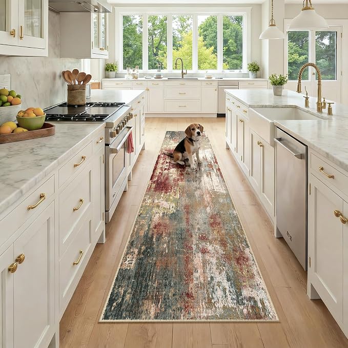 RELEANY Washable Area Rugs 2x9 Non-Slip Modern Abstract Soft for Living Room Entryway Bedroom Kitchen, Print Pattern, Brown Rust Red Green Blue Multi