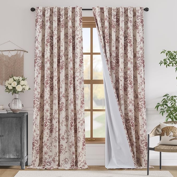jinchan Red Floral Linen Blackout Curtains Lined 96 Inch Back Tab 2 Panels | Blackout lining, room darkening drapes, farmhouse, vintage, cottagecore, rustic, bedroom, living room, window treatment