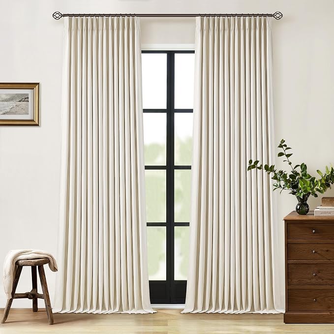 Cream Beige Linen Black Out 96 Inch Curtains for Bedroom Windows 2 Panels | Pinch Pleated Back Tab, Flax Linen 2 Layers for Full Blackout, Light Blocking Thermal Insulated, for Bedroom Living Room