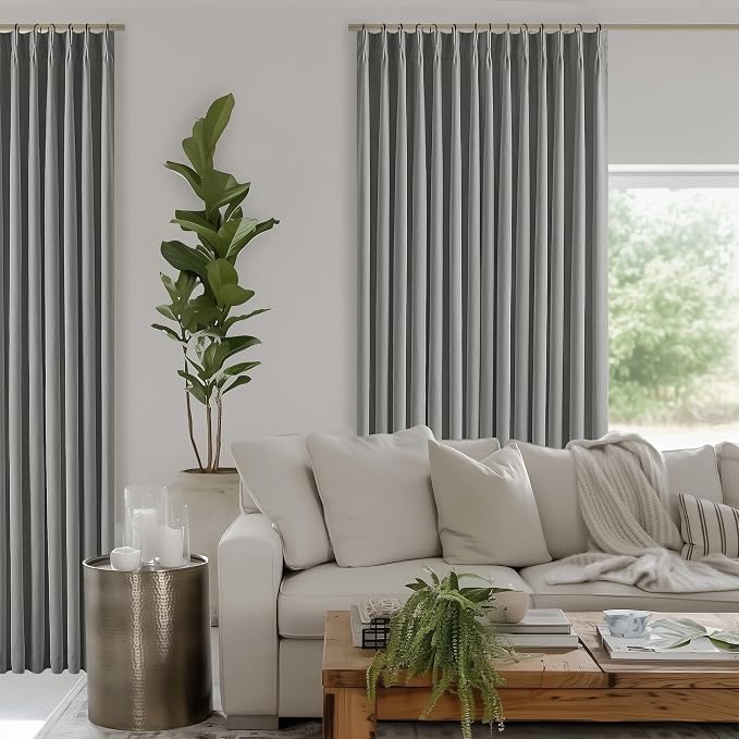 Dark Grey Pinch Pleated Linen Blackout Curtains 90 Inches Long for Bedroom | 100% Black Out Thermal Insulated, Pinch Pleat with Ring Hooks Back Tab, Room Darkening Drapes with Liner, for Living Room