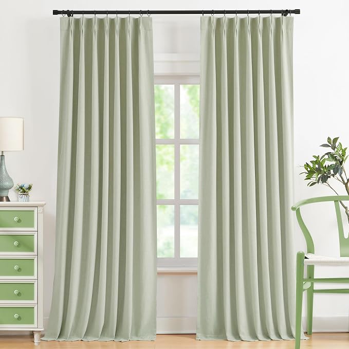 WEST LAKE 120 Inch Tall Pinch Pleated Blackout Curtain Panels for Bedroom | Soft Green Linen Blend Drapes,Modern Window Treatment Home Decor,Back Tabs Hooks,40"Wx120L(Pack of 2)