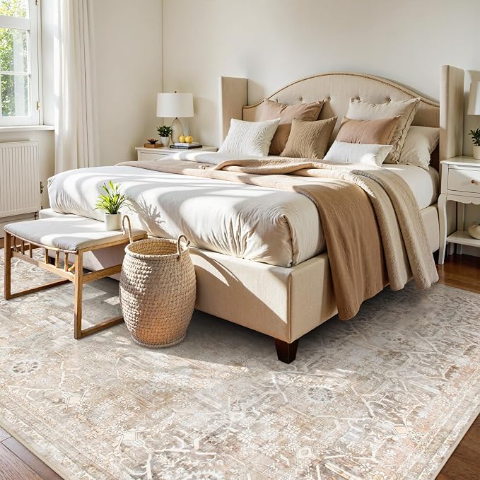 Collive Washable Area Rug 8x10, Neutral Boho Rugs for Living Room Rugs 8x10 Non Slip Farmhouse Modern Bedroom Carpet Stain Resistant Aesthetic Print Accent Floor Mat for Dining Guest Office - Beige