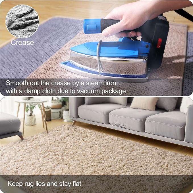 qulint Tan Rug for Living Room, Fluffy Shag 6x9 Area Rug for Bedroom Soft Shaggy Large Carpet for Nursery, Fuzzy Plush Modern Alfombra for Dorm Kid Room Office Home Decor (6ft x 9ft, Light Tan)