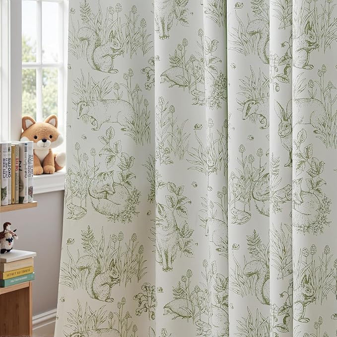 jinchan Green Blackout Curtains 84 Inch Whimsical Back Tab 2 Panels | Room darkening,nursery kids bedroom,privacy,whimsical,cottagecore,bunny pattern,botanical,nature-inspired decor
