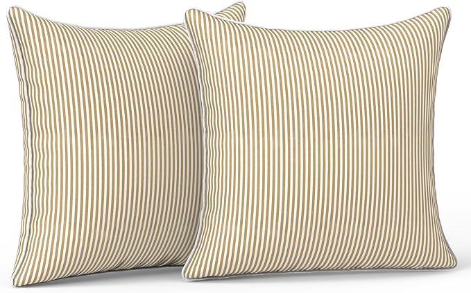 LVTXIII Outdoor/Indoor Throw Pillows, Decorative Patio Accent Pillows, Fluffy Water Repellent Garden Cushions for Home Patio Coach Sofa Use, 16×16 Inch, Pack of 2, Strip Beige