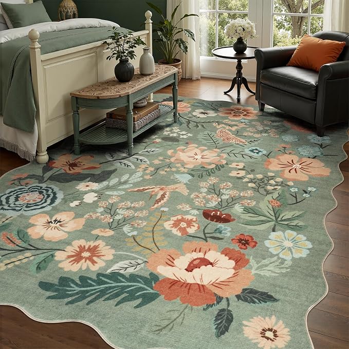 DCX Vintage Floral Rug 6x9, Washable Sage Green Rug for Living Room, Kid & Pet Friendly with Rubber Back Non Slip, Soft Low Pile Carpet, Stain Resistant Rug for Bedroom, Nursery, Dining Room