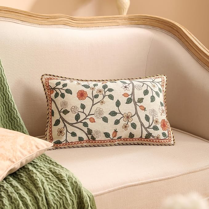 ISAENNE Designer Elegant Vintage Linen Throw Pillow Cover,20"x12"-Flora A | French Rectangle Decor Pillow Cover,Concealed Zipper Design,Floral Pattern,Sofa,Bedroom,Living Room,Lounge Chairs