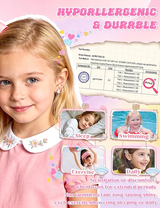 LOLIAS Hypoallergenic Earrings for Girls Flat Back-Stainless Surgical Steel Earrings for Sensitive Ears Women Cute Hoops Flatback Studs Screw Back Toddler Kids Teen Girls Earrings Jewelry