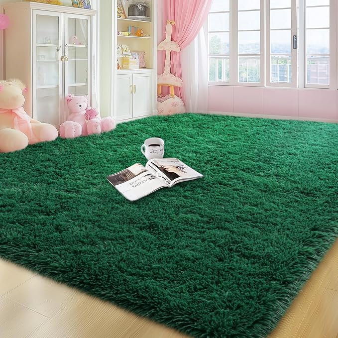 qulint Dark Green Area Rug for Living Room, 6x9 Fluffy Area Rug for Bedroom | Shag Shaggy Fluffy Large Rug, Soft Fuzzy Modern Carpet for Boys and Girls Dorm Classroom Christmas Home Decor