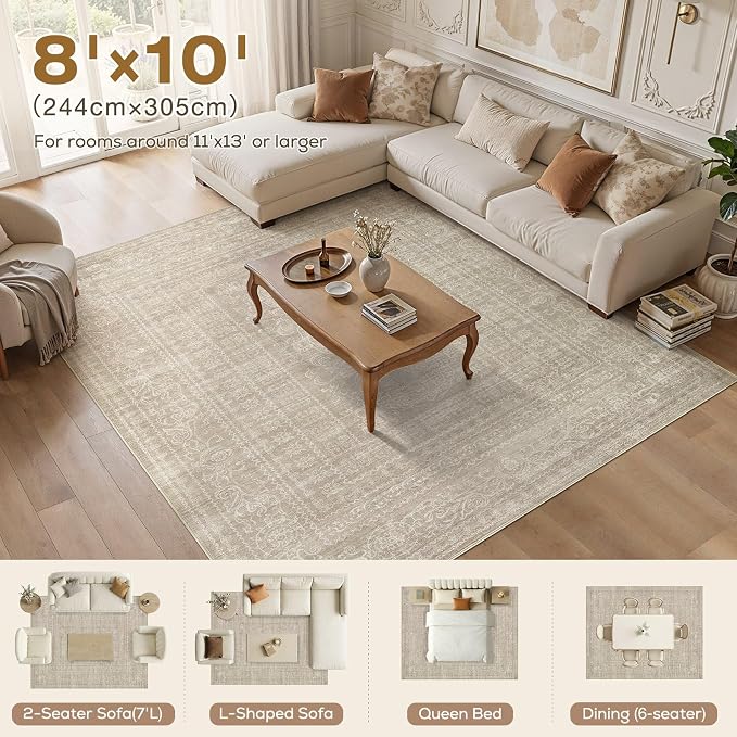 Nakagishi 8x10 Area Rugs Living Room: Washable Large Vintage Rug Neutral Non-Slip Soft Stain Resistant Indoor Carpet for Bedroom Nursery Dining Room Office Playroom - Brown