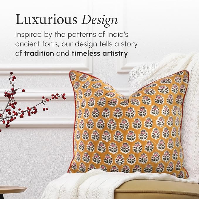 CPC 100% Cotton Throw Pillow Covers 24x24 Inch, Set of 2 Yellow Block Print Pattern Couch Pillow, Cute Boho Decorative Pillows for Living Room, Bedroom with Hidden Zipper- Yellow Citrine