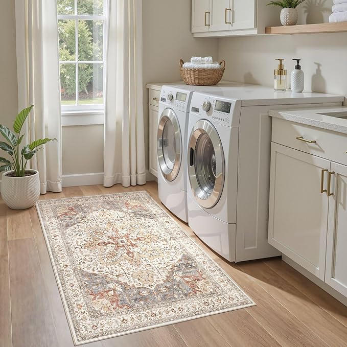 Tortania Area Rug Living Room Rugs - 3x5 Washable Rug Vintage Oriental Distressed Farmhouse Small Thin Indoor Carpet for Living Room Bedroom Under Dining Table Home Office - Orange Multi