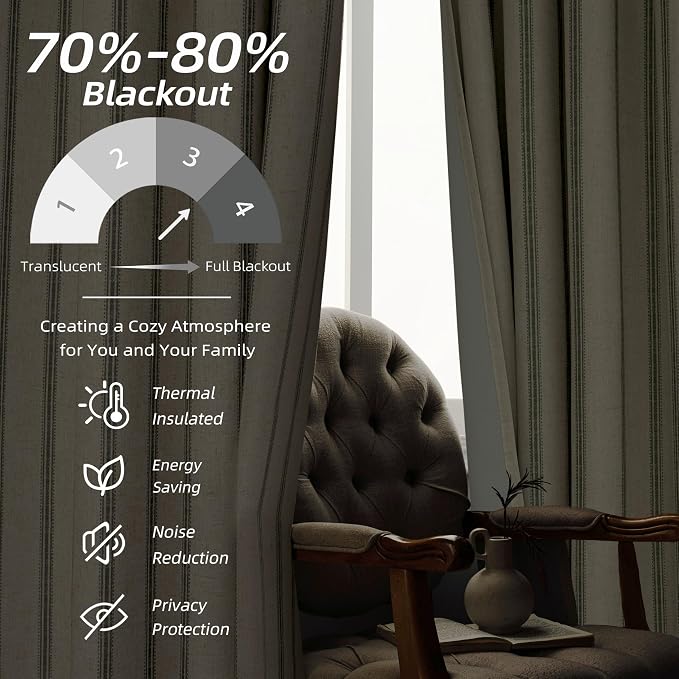 DriftAway Farmhouse Stripe Blackout Curtains, W52xL63, Loden Green | Blackout, Linen Texture, Stripe Pattern, Rod Pocket & Back Tab, Two Layers, Bedroom Living Room Use, Sound Reducing Design