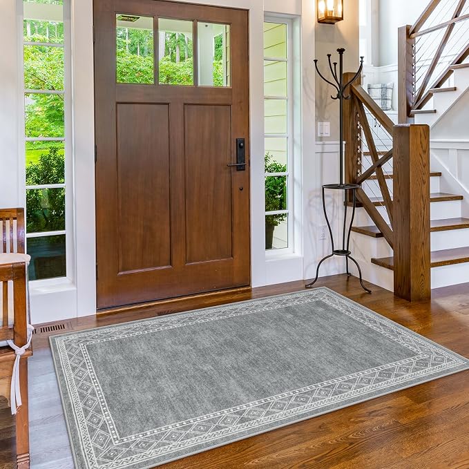 Lahome Modern Bordered Machine Washable Rug, Ultra-Thin 3x5 Rugs for Entryway Bedroom, Non-Slip Stain Resistant Small Carpet for Laundry Entrance (3'x5',Grey)