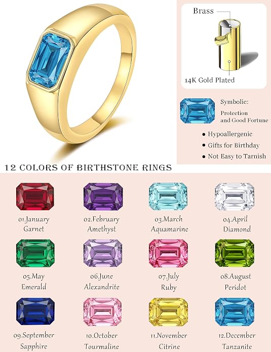 Birthstone Gold Rings for Women Non Tarnish 14K Gold Plated Chunky Emerald Rings Thumb Signet Statement Dainty CZ Band Ring Unique Waterproof Cute Jewelry Gift for Birthday Size 6-10