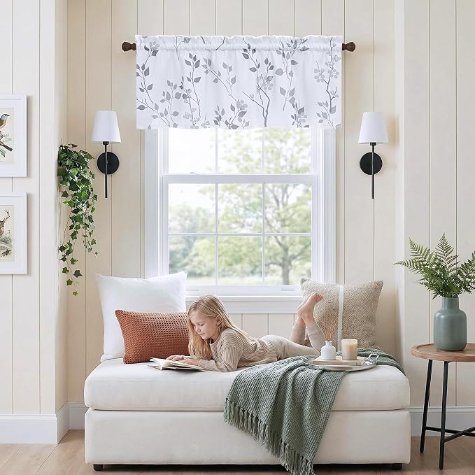 Beauoop Floral Valance Curtains for Kitchen Grey White 52X18 Inch 1 Panel | Flower Patterned Blackout Short Curtains for Living Room Bedroom Cafe 18 Inch Length Thermal Small Window Curtains Rod Pocket
