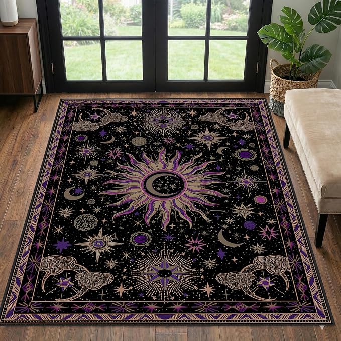Vacuum-Friendly, 3x5 Washable Area Rug, Black Purple Beige | Sun and Moon Boho Gothic Non-Slip Low Pile Living Roon Bedroom Dining Room Kitchen Entry Entryway Entrance Hallway Doormat