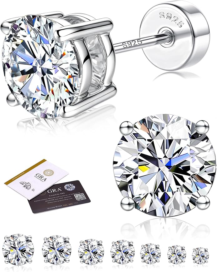 Moissanite Earrings for Men Women：Hypoallergenic Flat Back Earrings 925 Sterling Silver Stud Earring Small D Color VVS1 Moissanite 14K White Gold Plated Helix Cartilage Earring Studs Gift Jewelry