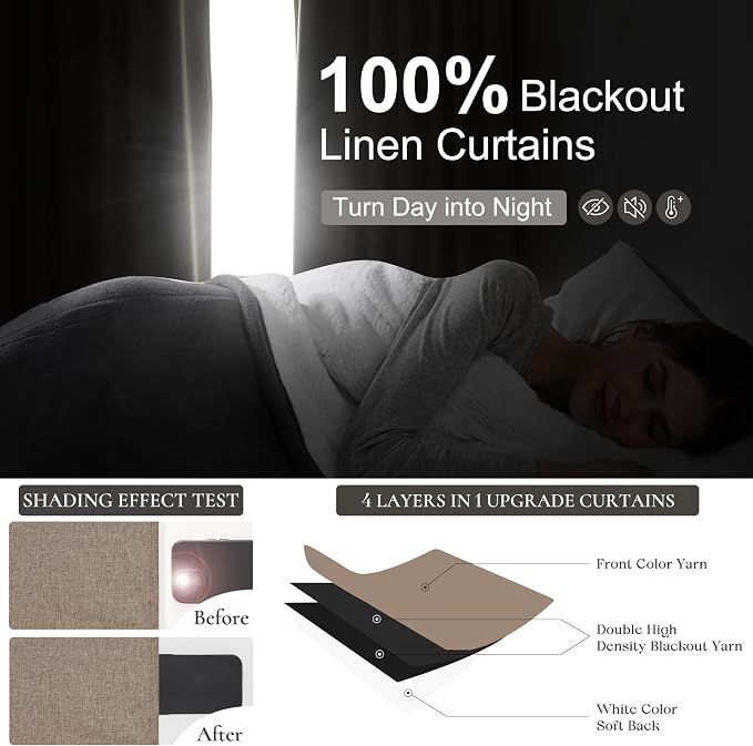 QJmydeco Dark Flax Black Out 96 Inch Long Boho Curtains 2 Panel Set, Farmhouse Curtain for Living Room Darkening/Thermal/Noise Reduction Textured Linen Drape 8ft Hook&Ring Included Chocolate 50"x96"