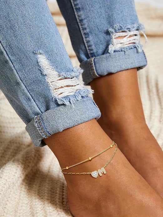 Bestyle Initial Anklet Bracelets for Women Waterproof Non Tarnish 14K Gold/White Gold Plated CZ Anklets for Women Dainty Layered Letter Heart Ankle Bracelets Adjustable Foot Chain Anklet