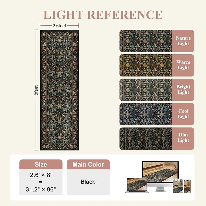 DUKINO 2.6x8 Runner Rug, Washable Vintage Floral Kitchen Rug, Black | Non Slip, Low Pile, Non-Shedding, Stain Resistant, Soft Throw Carpet Runner for Hallway Bathroom Laundry Entryway Farmhouse