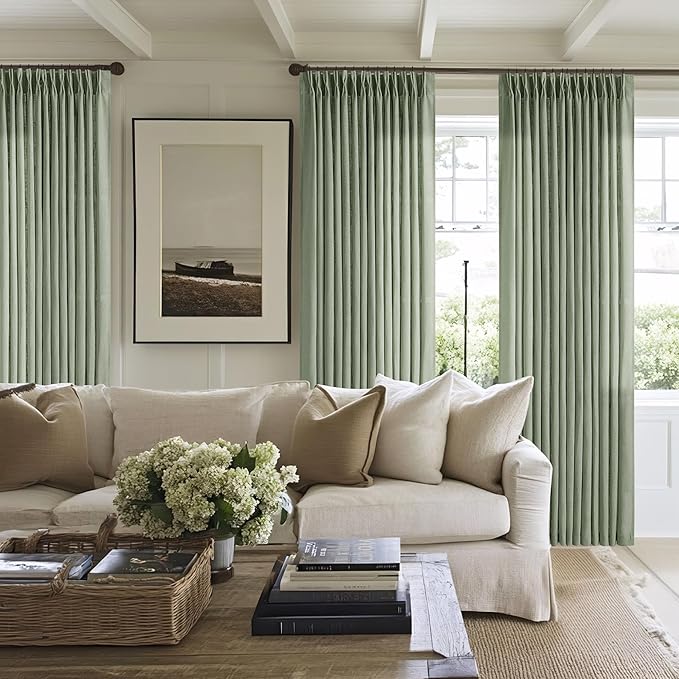 Sage Green 120 Inch Curtains High Ceiling Tall Curtains 2 Panels Set | Pinch Pleated with Hooks Rings Back Tab, for Living Room Large Window, Boho Cottage, Semi Sheer Light Filtering, Light Green