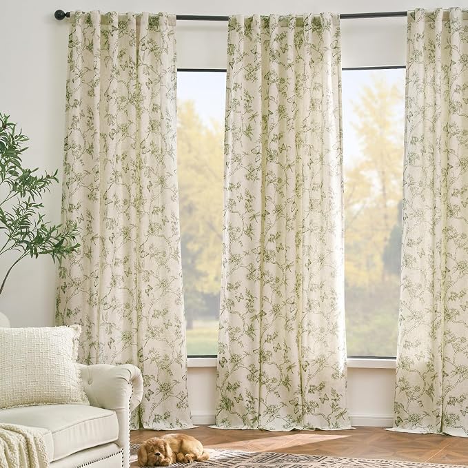 Lazzzy Charlotte Green Floral Lined Linen Farmhouse Curtains 84 Inch Long Back Tab Drapes for Living Room Bedroom Light Filtering Vintage Rod Pocket, 2 Panels, Green on Beige