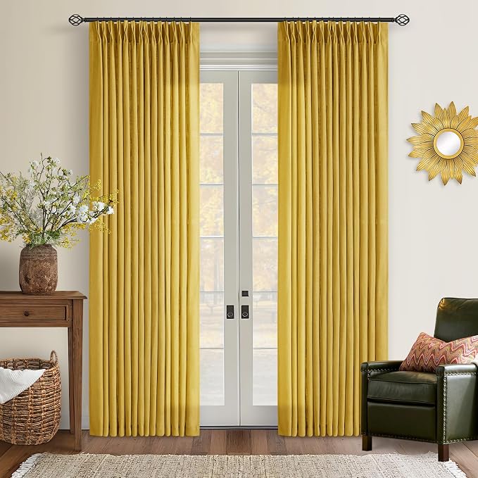 Mustard Yellow 90 Inch Thick Linen Curtains Pinch Pleated 2 Panels Set | for Living Room Bedroom Dining, Semi Sheer Light Filtering, Pinch Pleat Drapes Hooks Rings Back Tab, Gold Harvest Spring