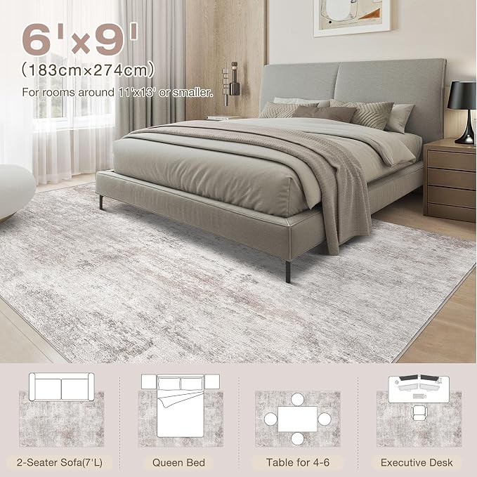 Abstract 6x9 Area Rug: Machine Washable Non Slip Ultra Thin Low-Pile Carpet, Soft Stain Resistant for Living Room Bedroom Nursery, Kid Pet Friendly, Robot Vacuum Compatible - Brown Grey