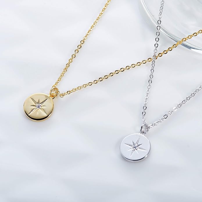S.Leaf Gold Dainty Pendant Necklaces for Women Sterling Silver Gold Plated Layered Horizontal Vertical Bar Star Starburst Moon Cubic Zirconia Lariat Necklace for Women Trendy Gifts