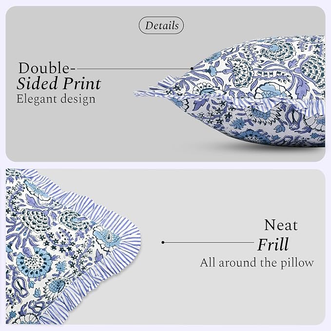 CPC Indigo Blue Ruffle Throw Pillow Covers for Couch, 20x20 Inch Cotton Stripe Ruffle Couch Pillows for Living Room, Hidden 16 Inch Zipper Boho Pillow Case or Cute Outdoor Pillows
