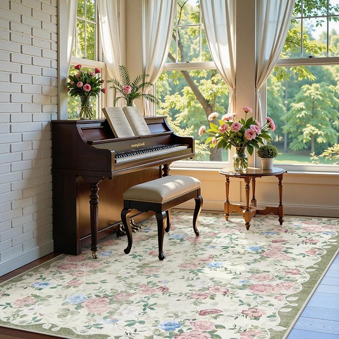 Lahome Vintage Floral Area Rugs 8x10,Large Rugs for Living Room Boho Area Rug Machine Washable, Low Pile Bedroom Rugs 8x10 Carpet for Office Rug Playroom Dining Room Nina（Cream/Green）